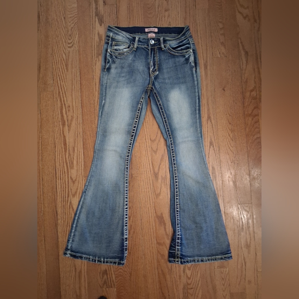 True Luck Blue Flare Leg Jeans for Women Size 9/10 Stonewashed And Rhinestones
